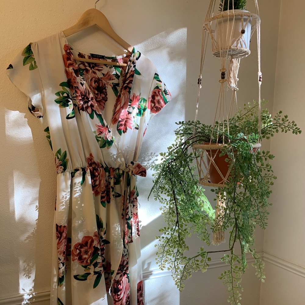 Long White Floral Dress - Ties at Waist